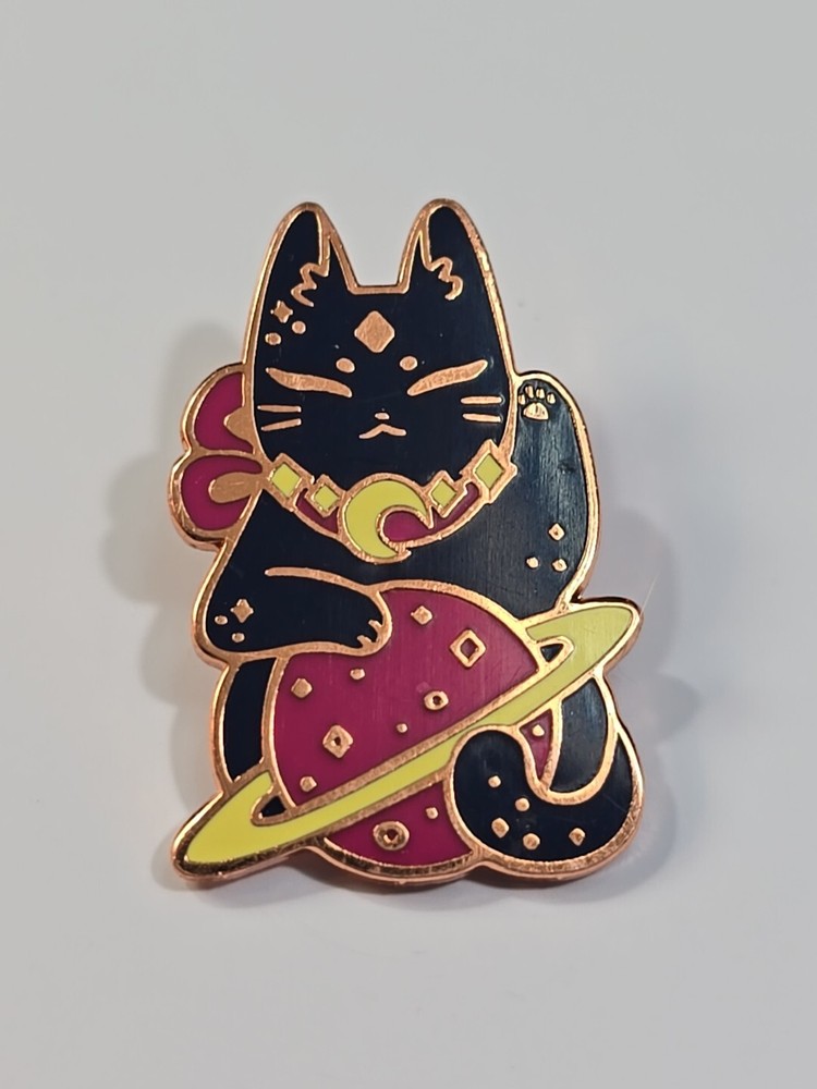 Black Cat Hugging Red Planet Lapel Pin