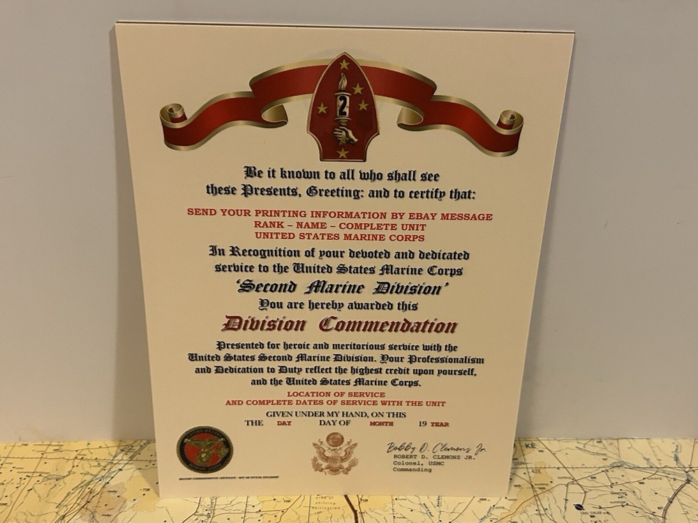 U.S.M.C. / 2ND MARINE DIVISION ~ DIVISION COMMENDATION REPLACEMENT CERTIFICATE