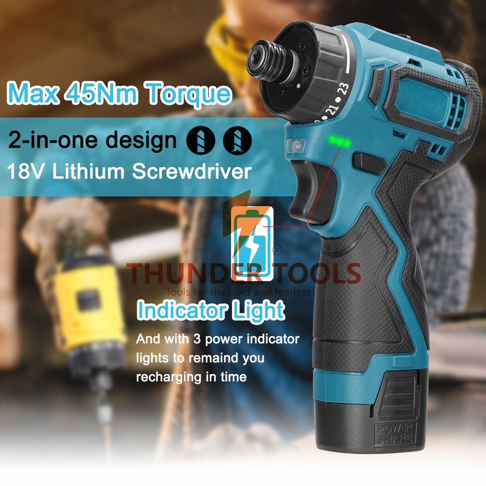 18V Lithium Screwdriver Torque Adjustable 2 Speed Control Modes 1 battery