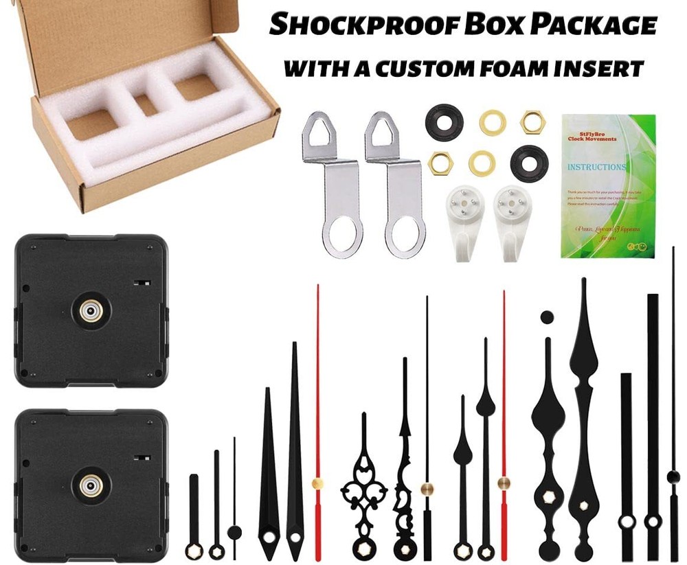 2 Non Ticking Clock Movements with 6 Pack Different Size Clock Hands DIY Repa...