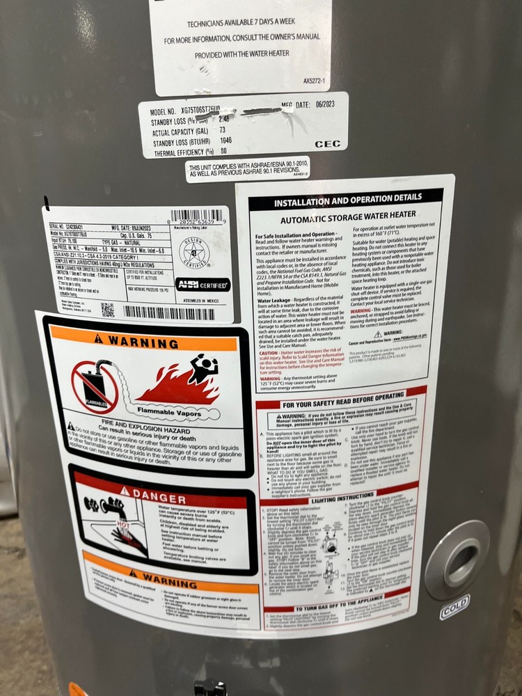 RHEEM XG75T06ST76U0 75 GALLON WATER HEATER, GAS POWERED