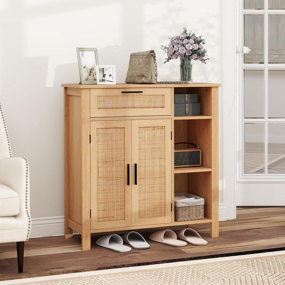Buffet Cabinet with Storage, Boho Rattan Sideboard with 2 Doors, Drawer, 3 Open