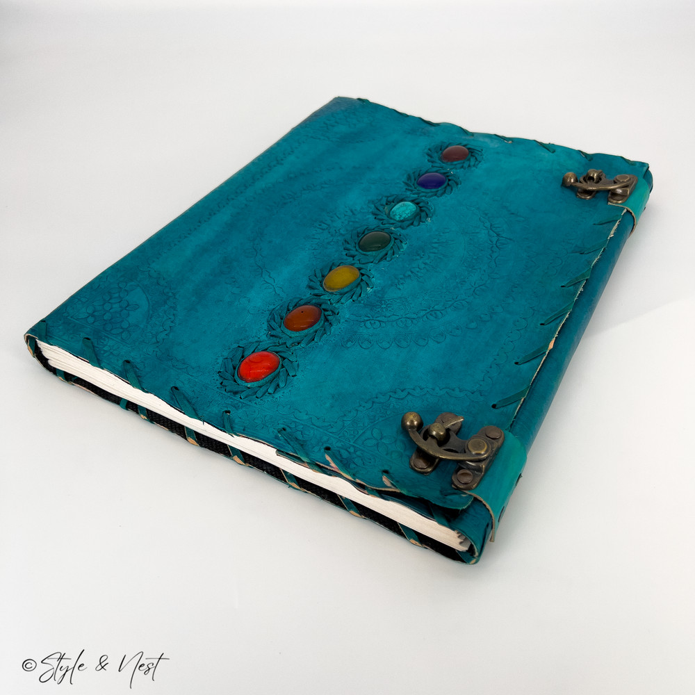 Embossed Leather Journal Handmade 7 Chakra Witchy Medieval Stone Notebook 13"