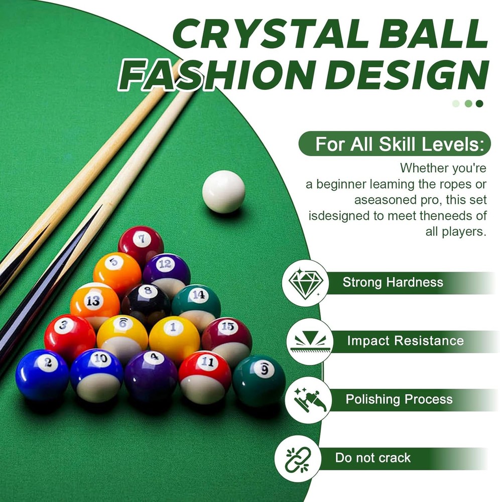 16 Regulation Size Billiard Balls Set 2-1/4" for Pool Tables - Solid & Stripes