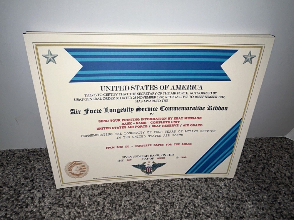 U.S. AIR FORCE LONGEVITY RIBBON COMMEMORATIVE CERTIFICATE ~ W/PRINTING TYPE-1