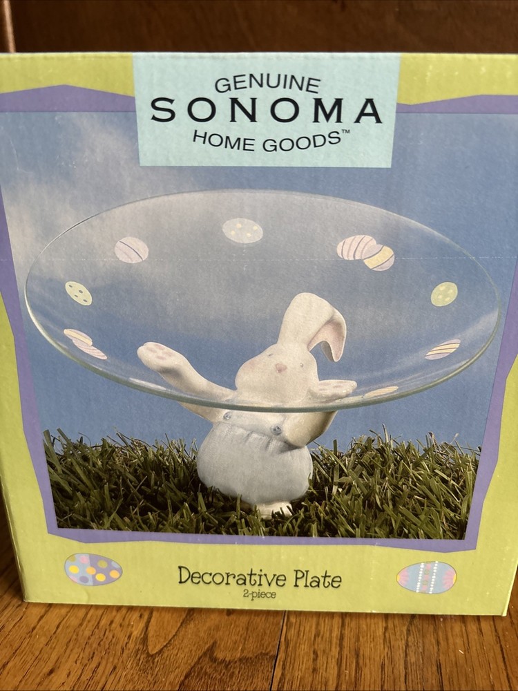 NOS NIB Sonoma 2 Pc. Spring Easter Glass Decorative Plate & Ceramic Bunny Rabbit