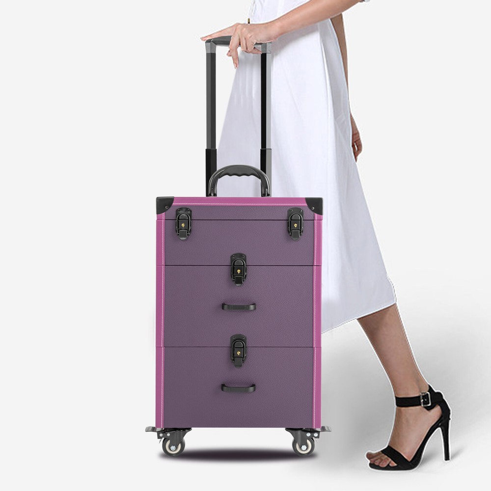 Professional Makeup Train Case Travel Makeup Trolley Rolling Cosmetic Case +Keys