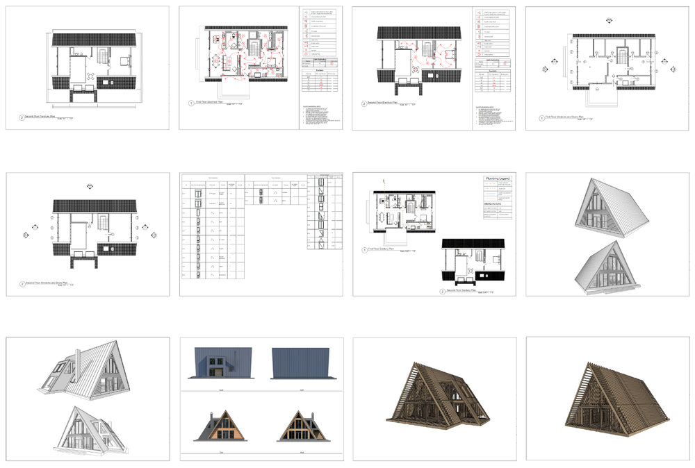 64’x50’ 2-Beds 3-Baths Charming A-Frame Architectural Build Plans PDF Download