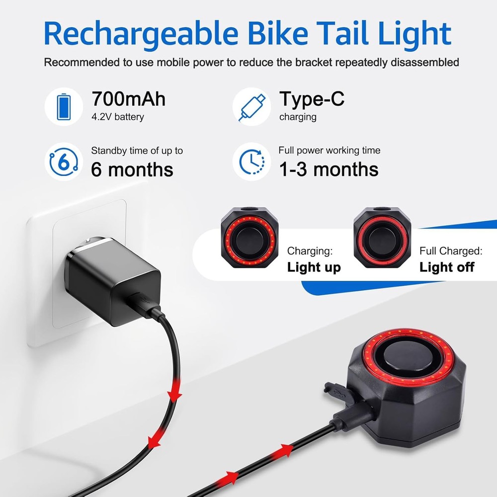 2PK USB Charging Bicycle Rear Light Alarm Wireless Remote Control Prevent Theft