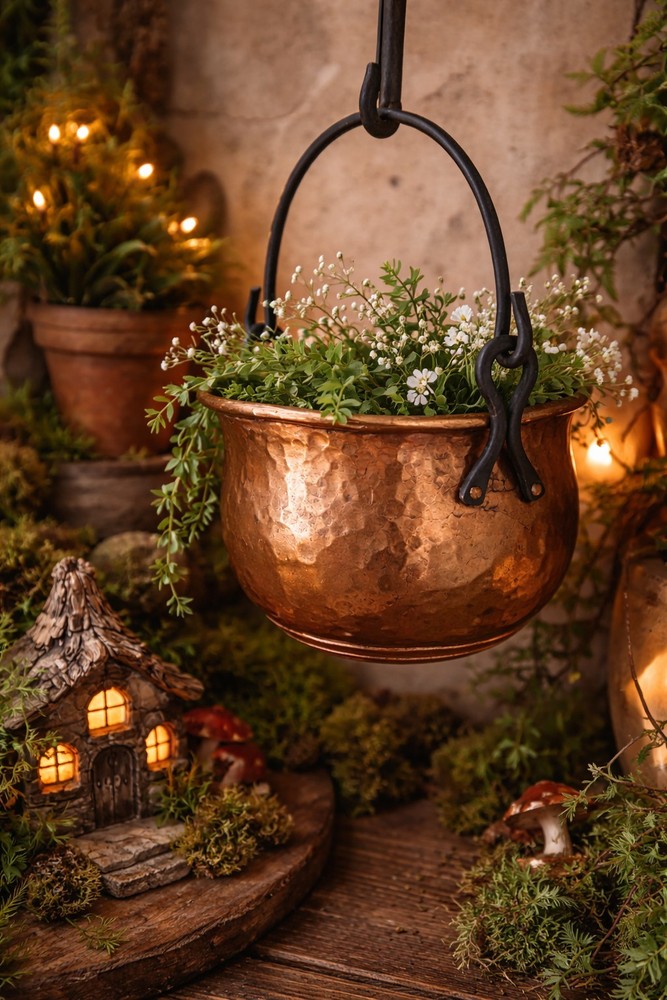 Hammered Copper Pot Hanging Cauldron Rustic Primitive Decor Black Iron Handle