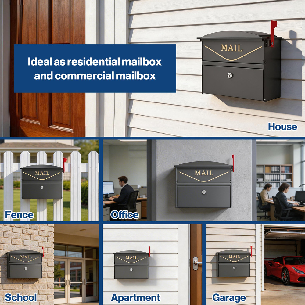 Rainproof Wall Mount Mailbox for Outside, Locking Mailbox w/ Outgoing Flag,Black