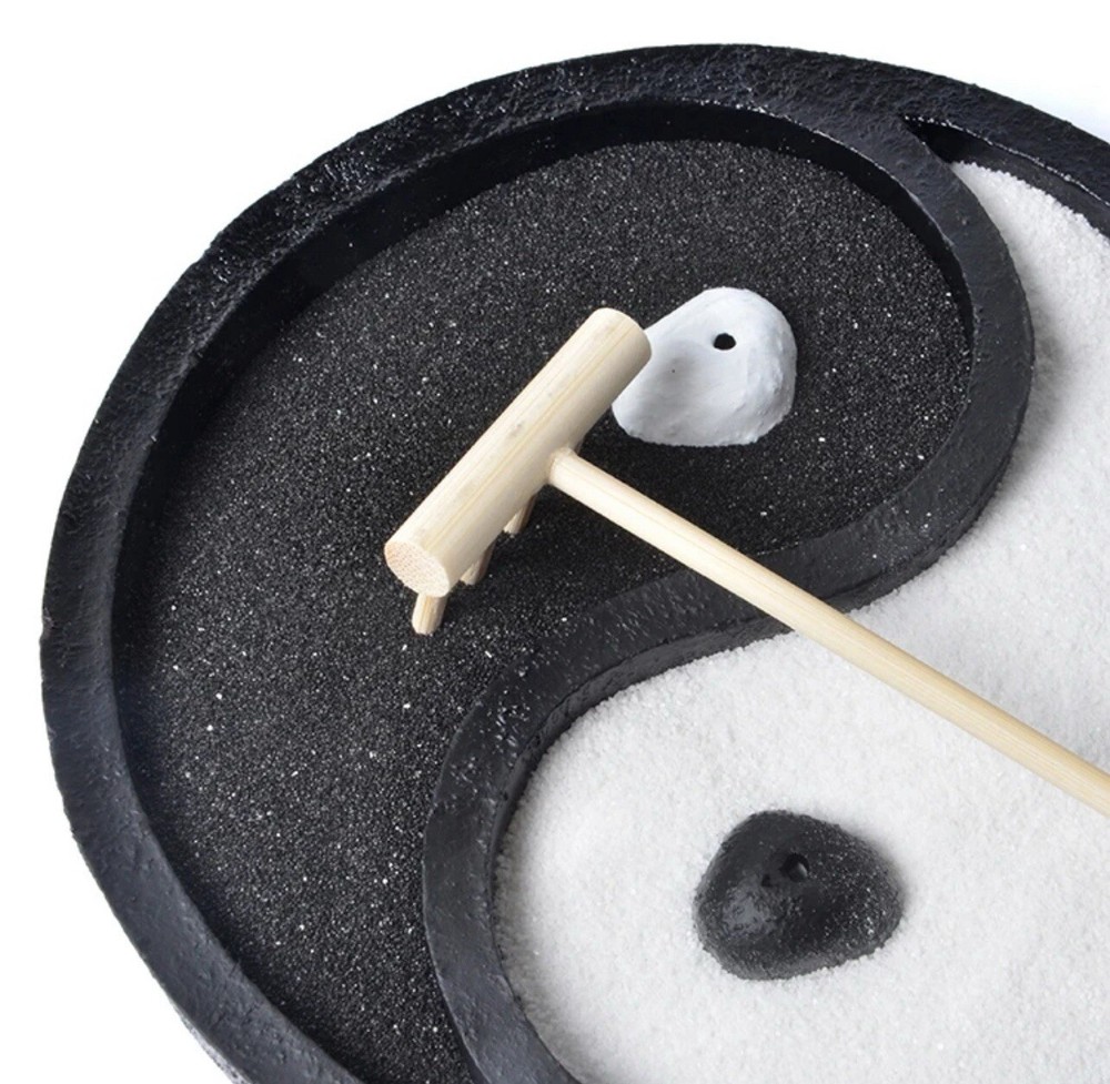 Zen Garden With Black/White Sand & Rake
