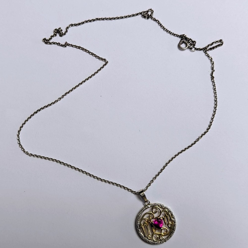 HAN Signed Ruby Heart MOM Pendant Necklace