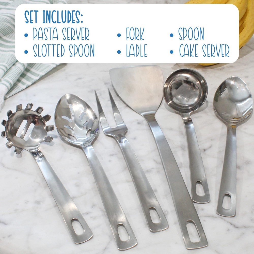 Darware Complete Serving Set (6-Piece, Silver); w/Pasta Server, Fork, Slotted Sp
