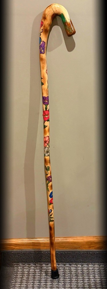 41” Walking CANE With Morning Glory Pyrography Handmade & Finished 🇺🇸