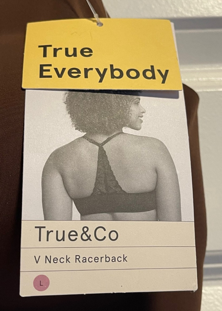 TRUE & CO EVERYBODY V NECK RACERBACK PULLOVER WIRELESS BRA / BROWN / SZ L NEW