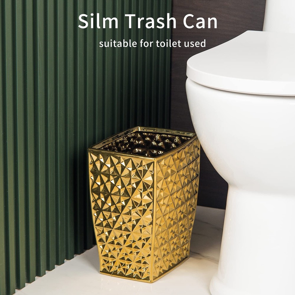 Ceramic Gold Square Bathroom Trash Can – Decorative Wastebasket