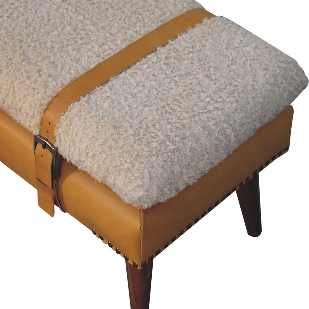 Boucle and Tan Leather Bench