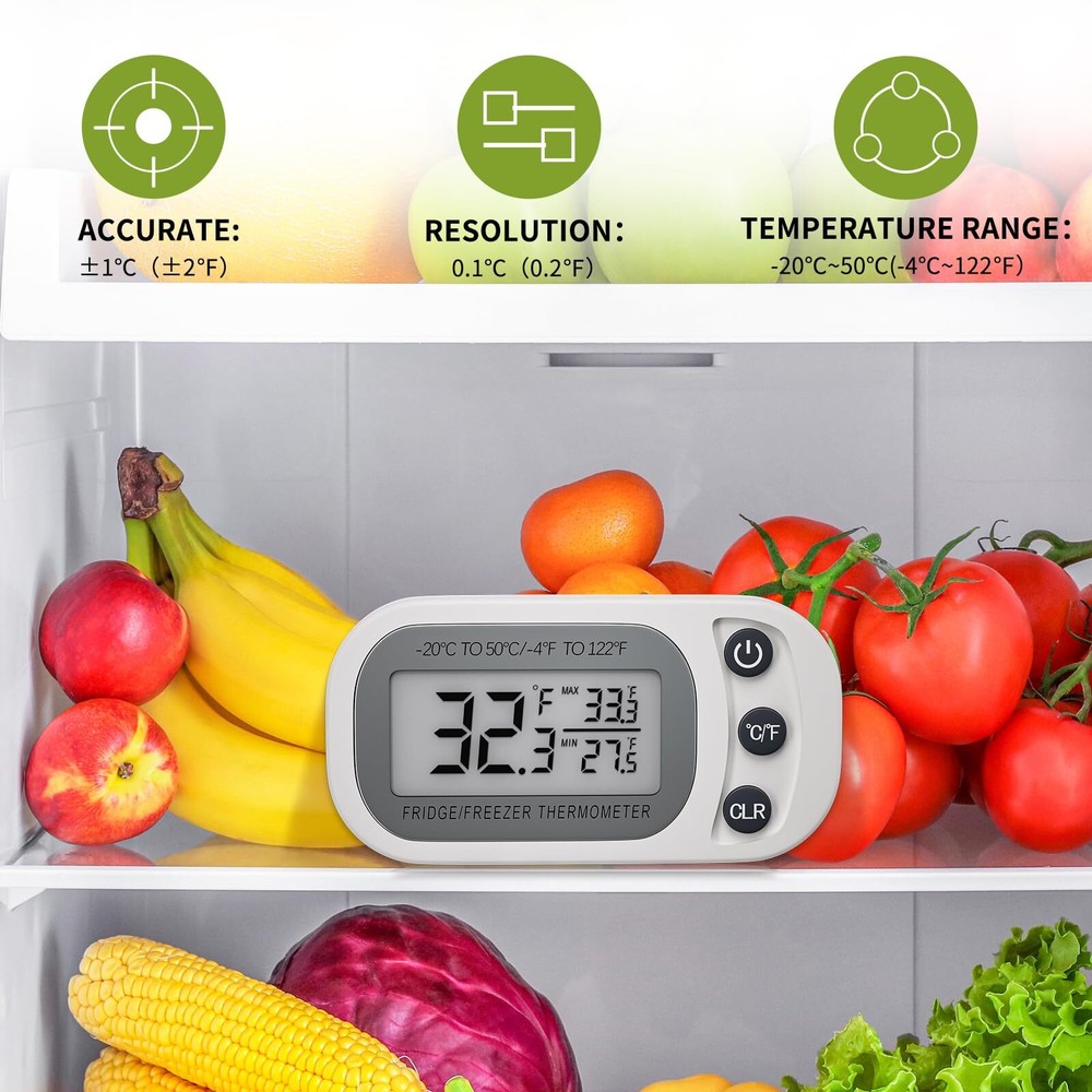 2 Pack Digital Fridge Thermometer with Hook and LCD Display for Kitchen Home