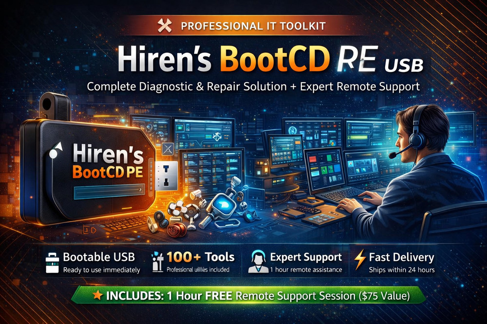 Hiren's BootCD PE USB Bootable Repair Tools + 1 Hour FREE Remote IT Support