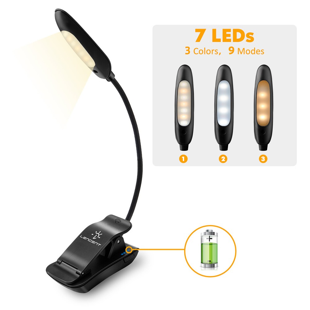 LENCENT 7 LED Book Light Clip USB Rechargeable Reading Light for Bed Sofa Office