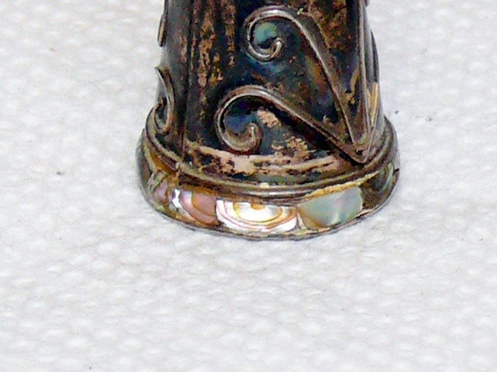 Antique Sterling Silver 925 Thimble Mexico Abalone Shell Applied Scroll 2.3 Gram