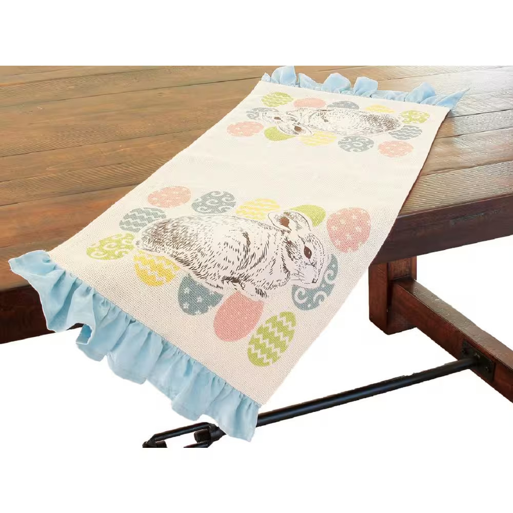 Bunny Eggs 13.5 In. X 36 In. Cream Printed Applique Jute Easter Table Runner