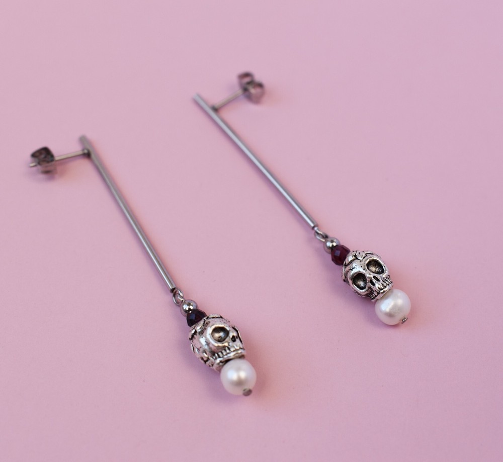 Long skull earrings dangle, real pearl earrings silver tone