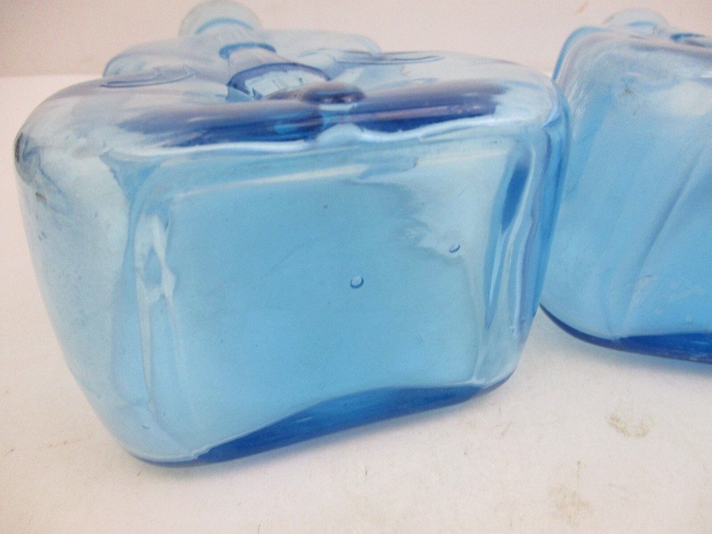 PAIR(2) BLUE GLASS BOTTLE - EMBOSSED CELLO PATTERN - 7 5/8" TALL(DFU8)