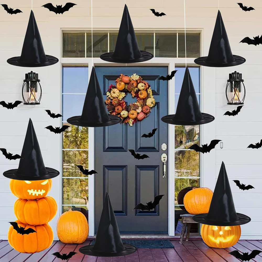 Witch Hat Decorations-8PC Black Hanging Witch Hats & 32PC 3D Bat,Halloween Decor