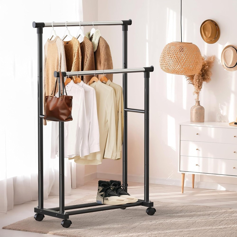 Modern Space-Saving Double Rod Clothing Rack with Wheels - Load Capacity 100 lbs