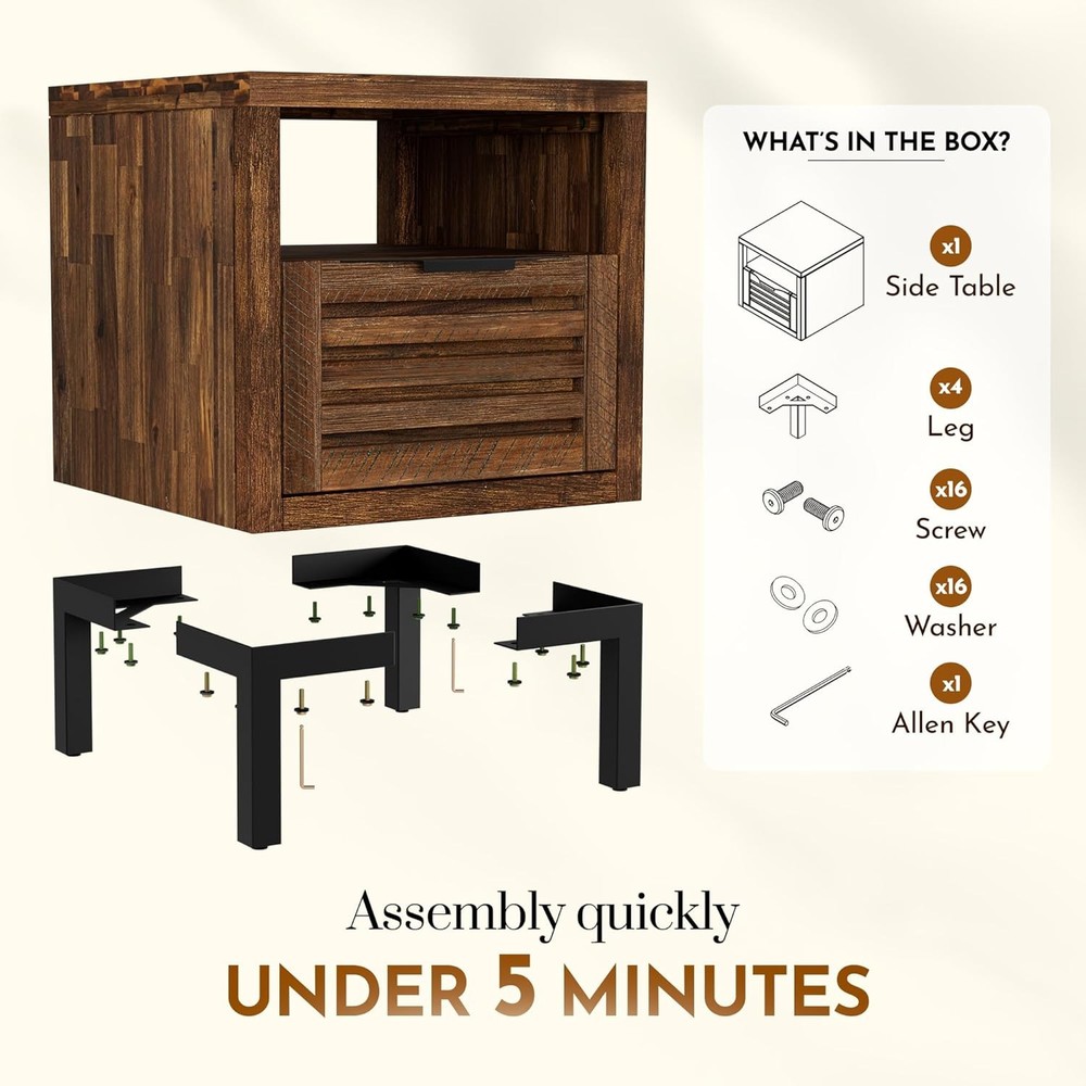 Solid Acacia Wood Nightstand with Drawer Shelf