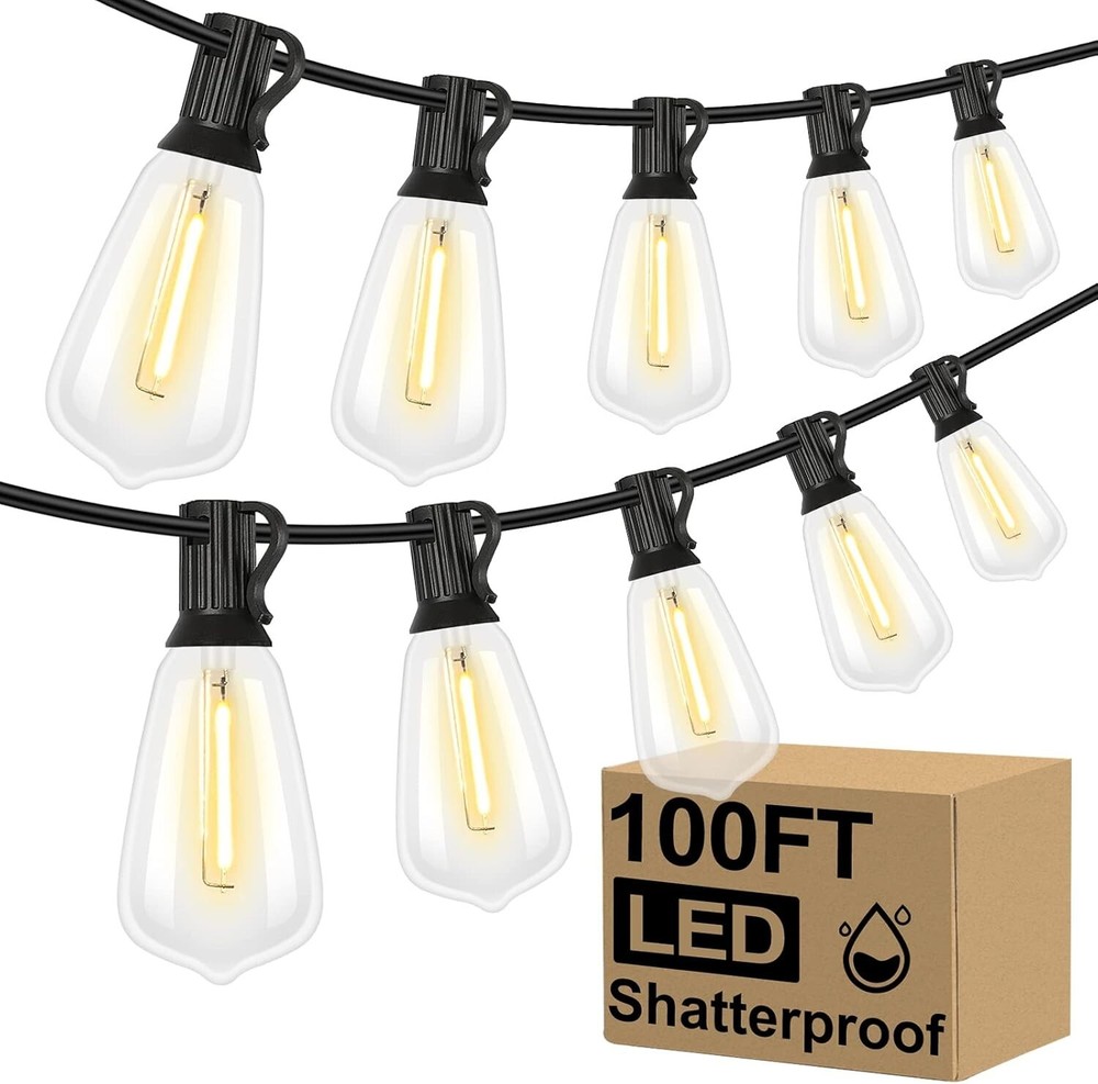 100FT LED Outdoor String Lights - ST38 Edison Bulbs, Waterproof & Dimmable