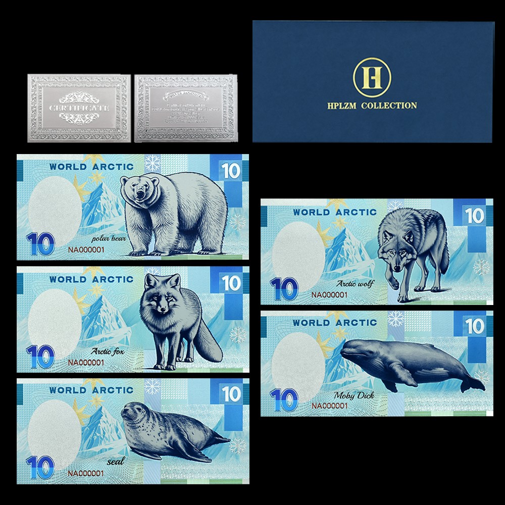 World Arctic Animals 10 Dollars Silver Plastic Banknotes 5pcs/set in Envelope