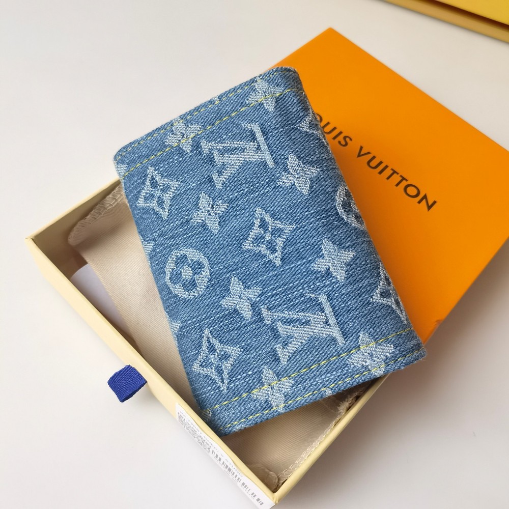 LOUIS Monogram Denim Blue Wallet Gold Hardware Full Box