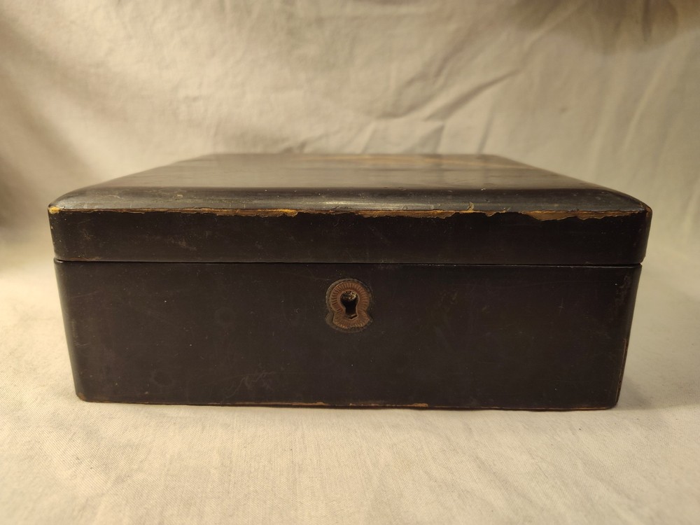 Antique Boho Shabby Chic Black Lacquer Japanese Box Pheasant Bird