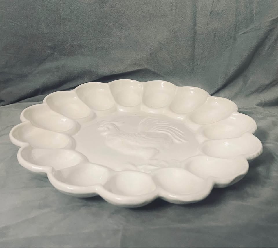 White Ceramic Easter Deviled Egg Platter with Rooster Design