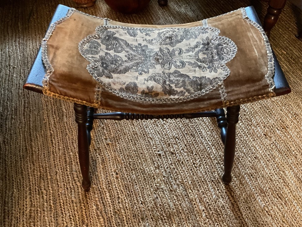 Antique Victorian Solid Wood Bench Stool with Spindle Center Support & Tapestry