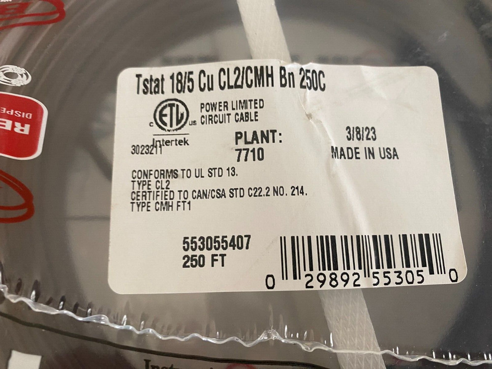 250′ Roll 18/5 AWG Thermostat Cable 553055407 Solid Copper Wire .17″ Diameter
