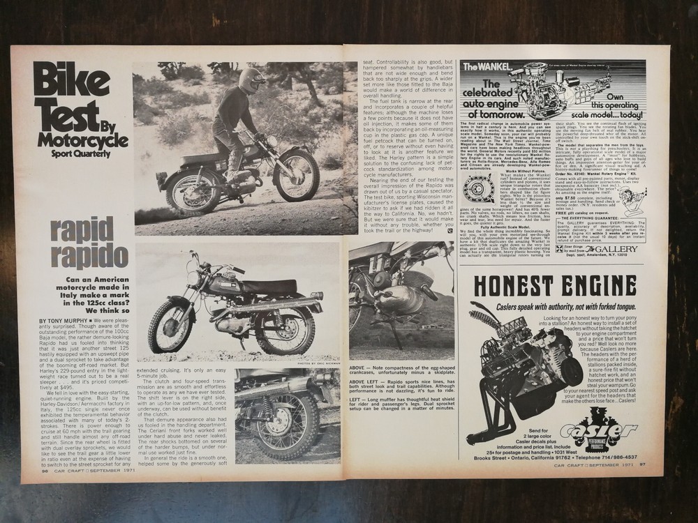 Vintage 1971 Harley Davidson Rapido Cycle 2-Page Original Article
