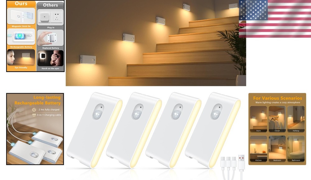 Energy-Efficient Wireless Night Lights with Motion Sensor - 4-Pack in Warm White