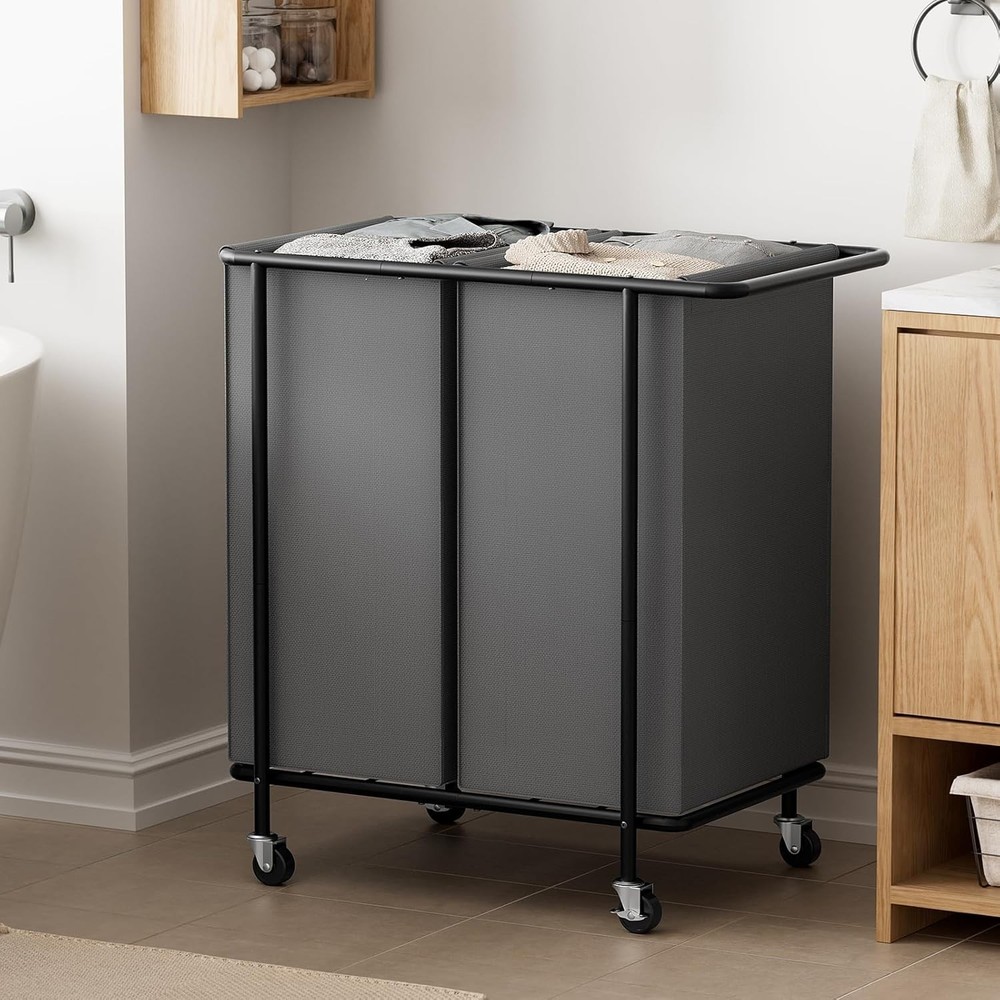 Double Laundry Hamper W/ Wheels,200L Rolling Laundry Basket 2 Section
