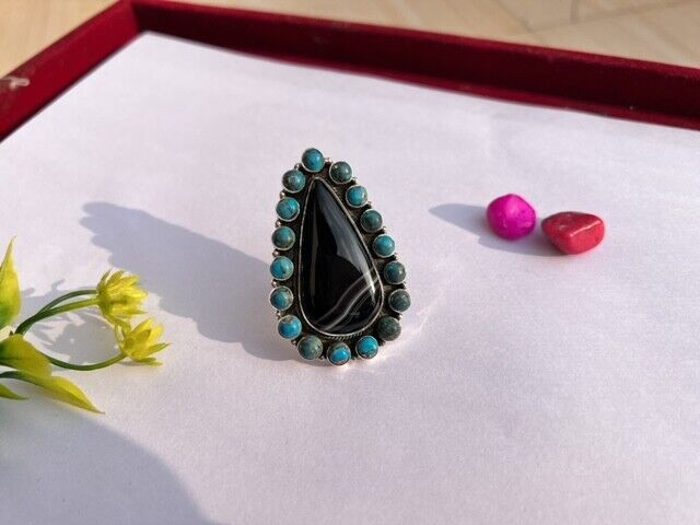 Turquoise with Agate Ring 925 Silver Ring Handmade Statement Multi Stones Ring