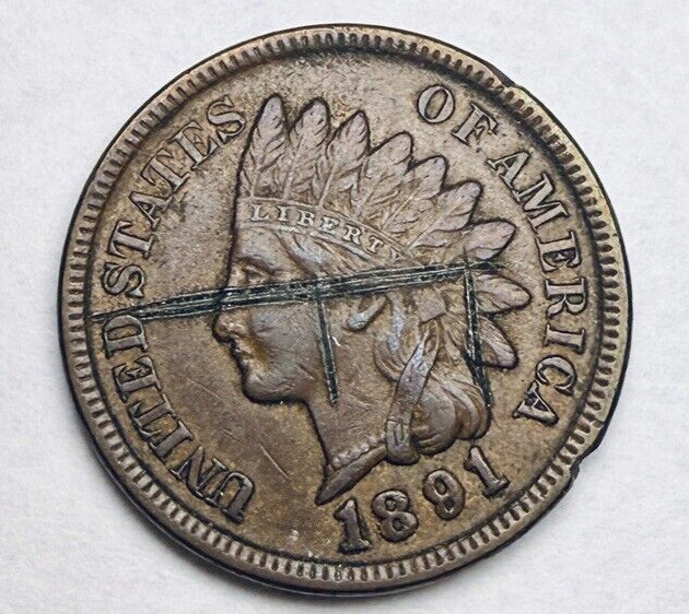 1891 Indian Head US 1c Coin ~ Extra Fine? Details ~ Deep Scratch Front/Back ~G86