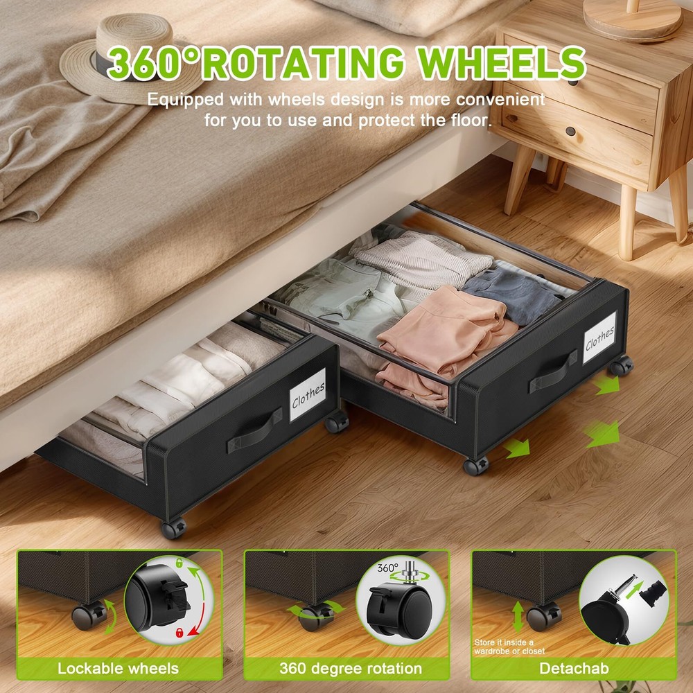 Under Bed Storage with Wheels, XXL 60L Under Bed Storage Containers, under th...