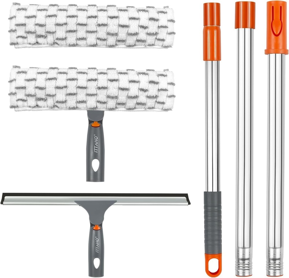 Complete Window Cleaning Kit: 12" Squeegee, 11" Microfiber Pad & Extendable Pole