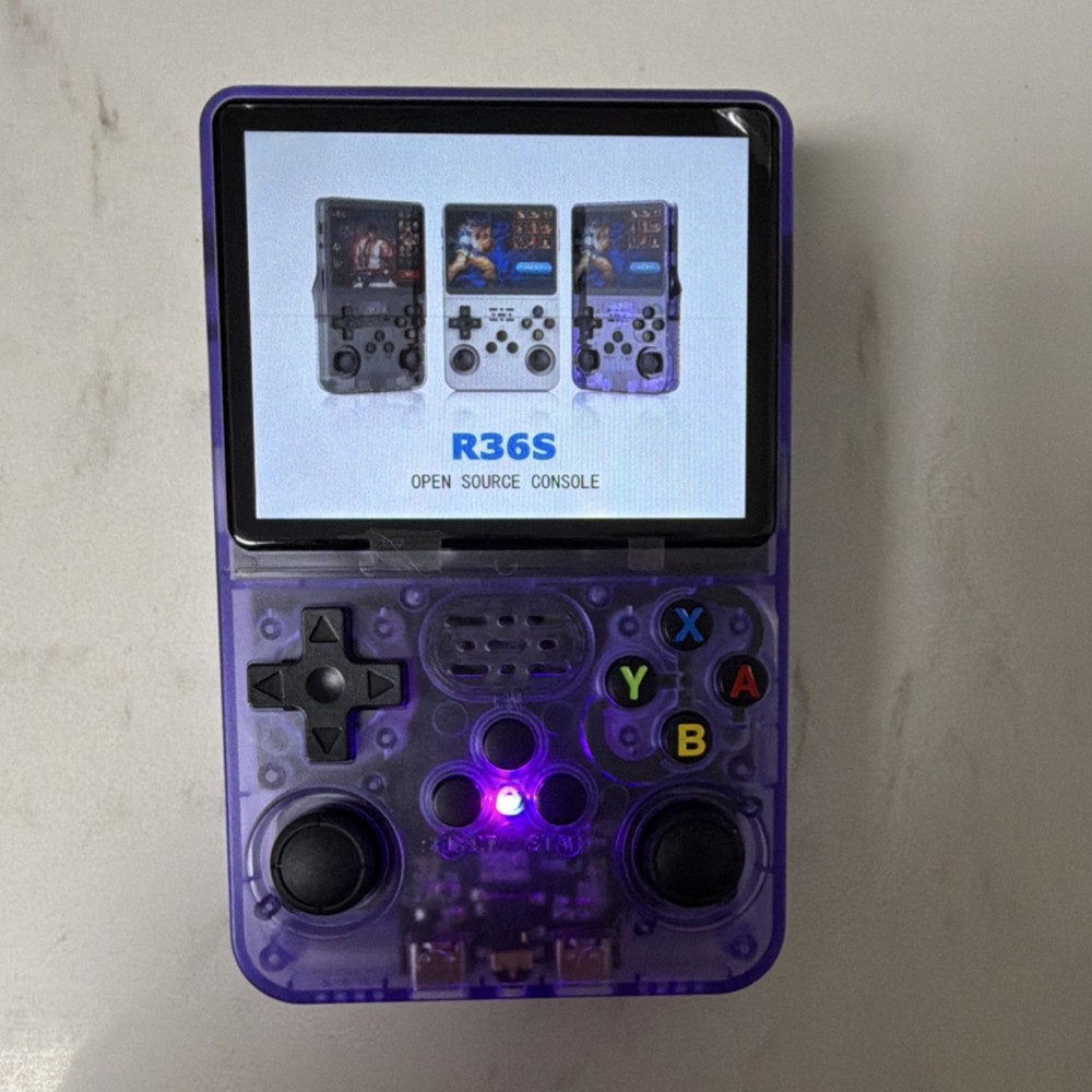 R36S Open Source Handheld Game Console Purple Transparent USB-C