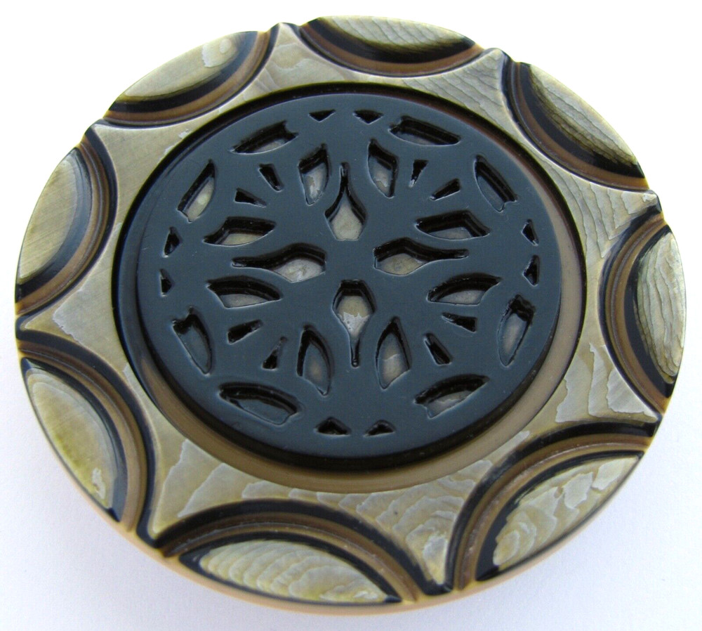 Extra Large Celluloid Wafer Button Laminated Layered Carved with Ornate Pattern