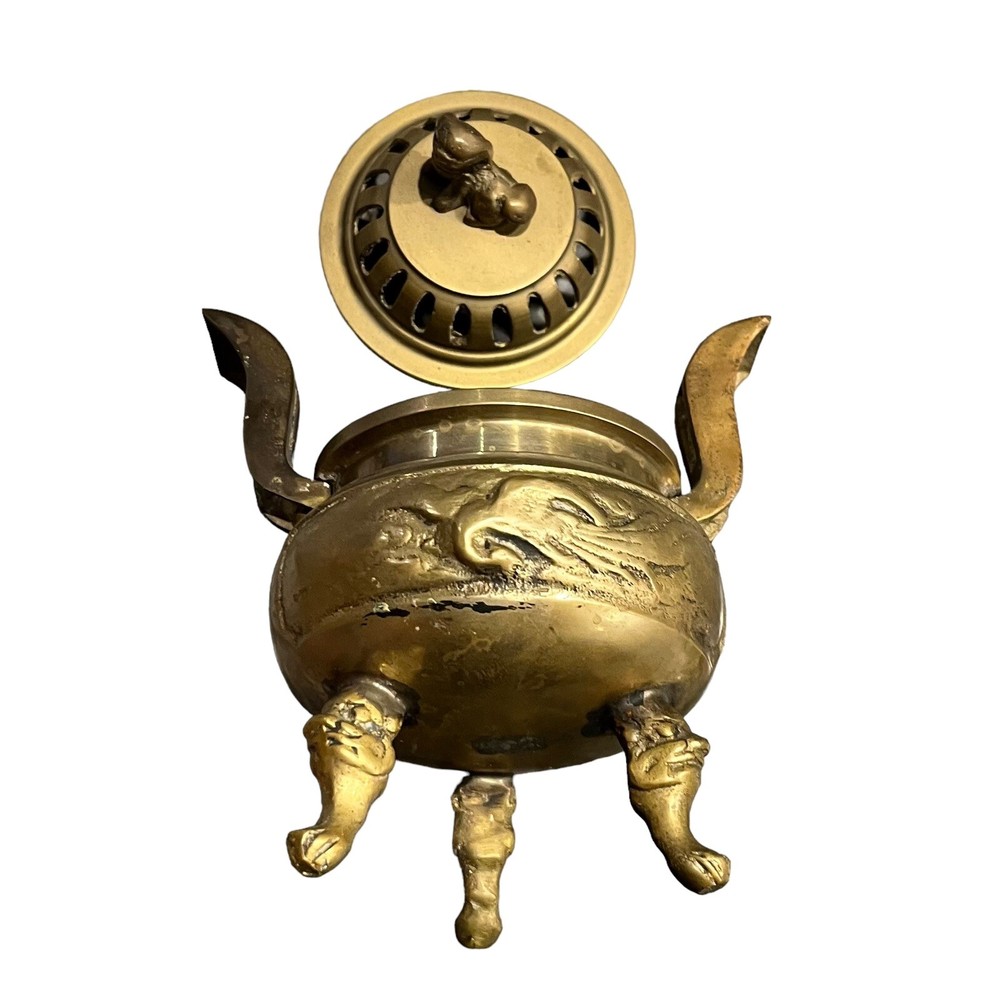 Solid Brass Incense Burner Foo Dog Finial