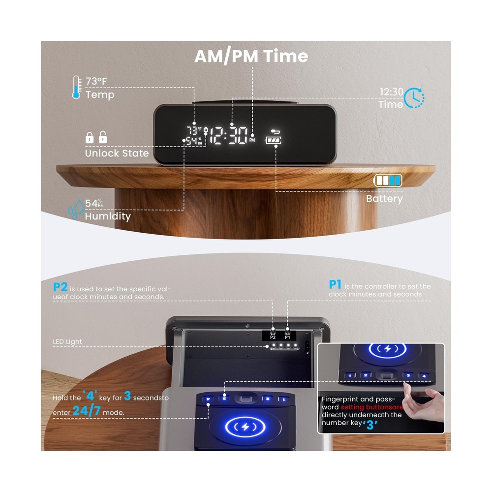 Mboko Biometric Discreet Gun Safe with 12-Hour Time Clock Display, Wireless C...
